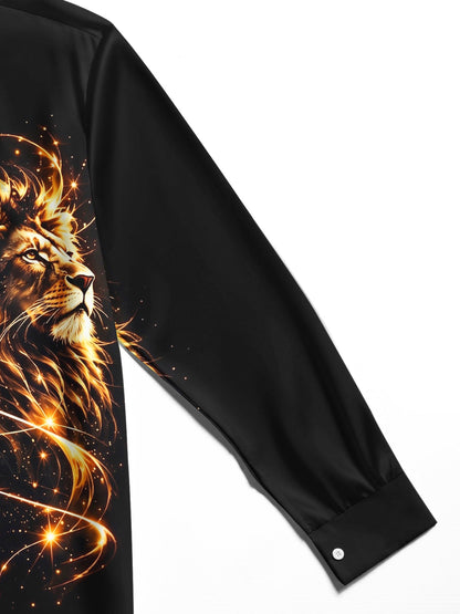 Adaychic Men's Graphic Lion Head Print Golden Waves Print Long Sleeve Shirt with Chest Pocket