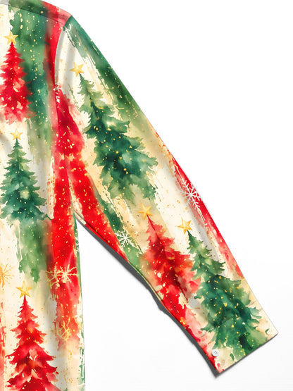 Adaychic Men's Long Sleeve Shirt - Watercolor Christmas Trees And Snowflakes Print with Chest Pocket