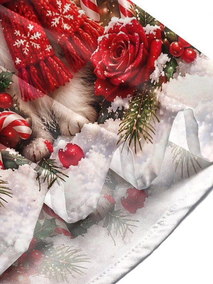 Adaychic Men's Christmas Cat With Top Hat And Scarf Print Long Sleeve Shirt with Chest Pocket
