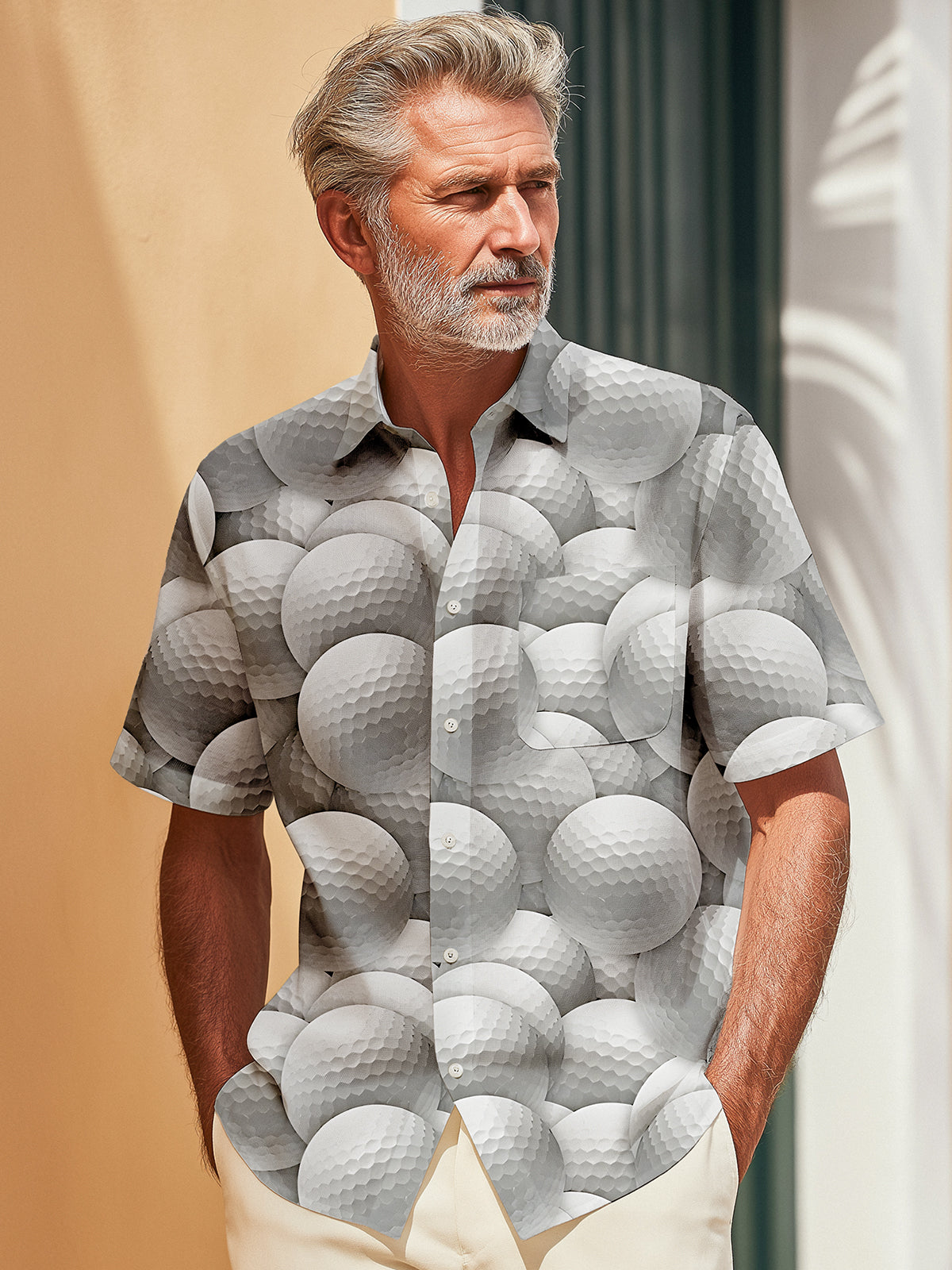 Adaychic Men's Graphic 3D Golf Ball Pattern Print Short Sleeve Button Down Shirt with Chest Pocket