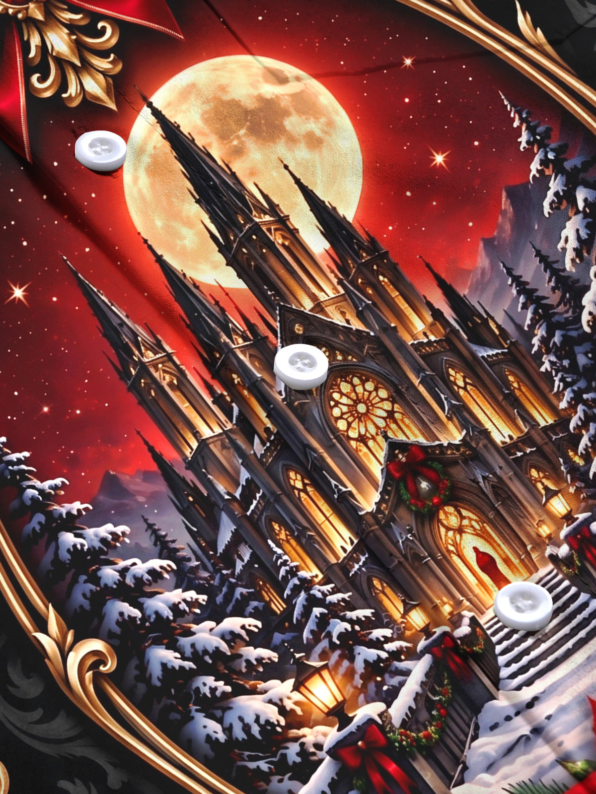 Adaychic Men's Long Sleeve Shirt - Christmas Gothic Castle And Snowy Pine Trees Under Full Moon Print with Chest Pocket