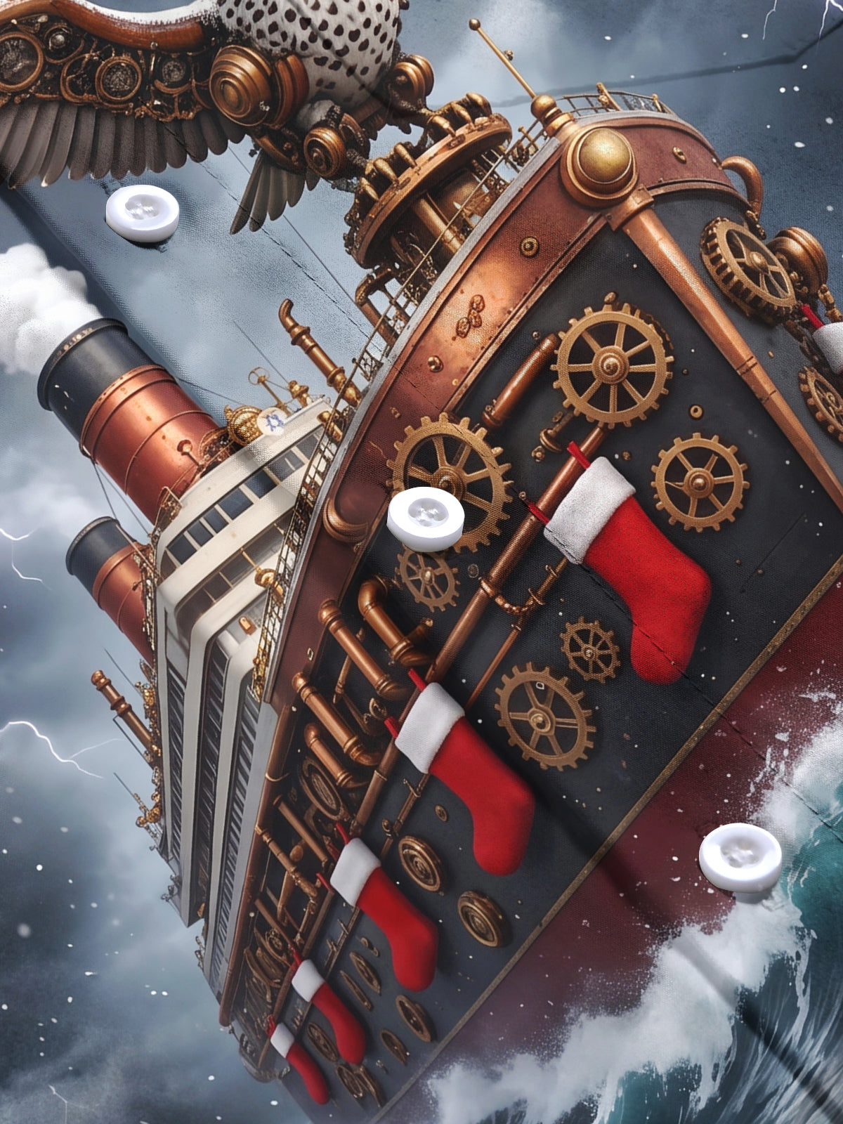 Adaychic Men's Long Sleeve Shirt - Steampunk Owl And Steamship With Christmas Stockings Print with Chest Pocket