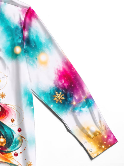 Adaychic Men's Long Sleeve Shirt - Abstract Christmas Tree With Ornaments And Snowflakes Print with Chest Pocket