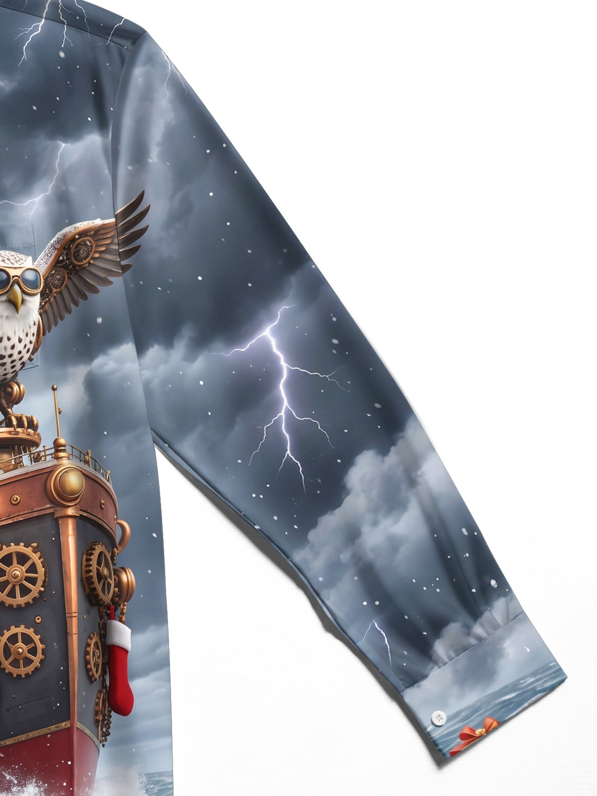 Adaychic Men's Long Sleeve Shirt - Steampunk Owl And Steamship With Christmas Stockings Print with Chest Pocket