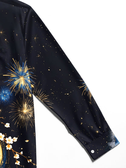 Adaychic Men's Printed Cherry Blossoms And Full Moon Print Long Sleeve Shirt with Chest Pocket