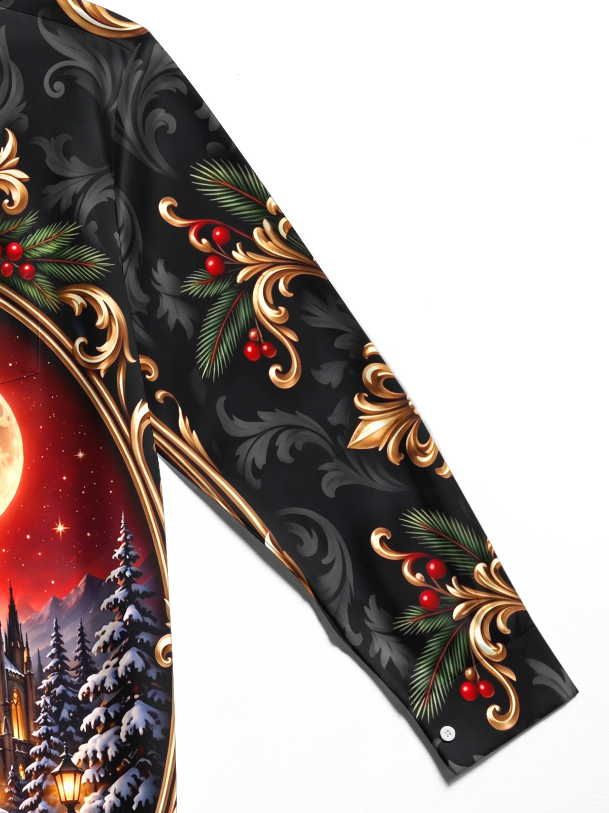 Adaychic Men's Long Sleeve Shirt - Christmas Gothic Castle And Snowy Pine Trees Under Full Moon Print with Chest Pocket