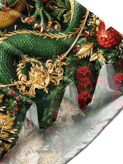 Adaychic Men's Oriental Dragon And Christmas Ornaments Print Long Sleeve Shirt with Chest Pocket