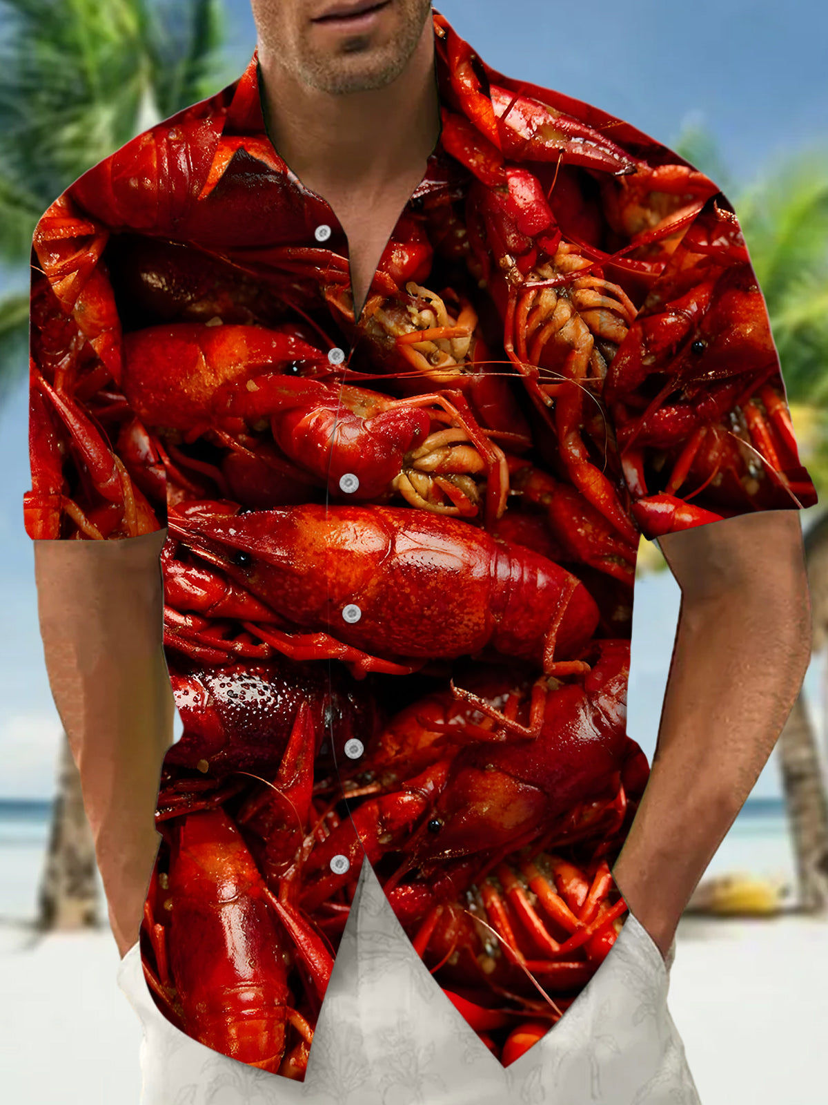Adaychic Men's Graphic Red Crayfish Lobster Print Short Sleeve Button Down Shirt with Chest Pocket