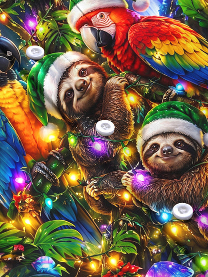 Adaychic Men's Hawaiian Christmas Sloths And Parrots Print Long Sleeve Shirt with Chest Pocket