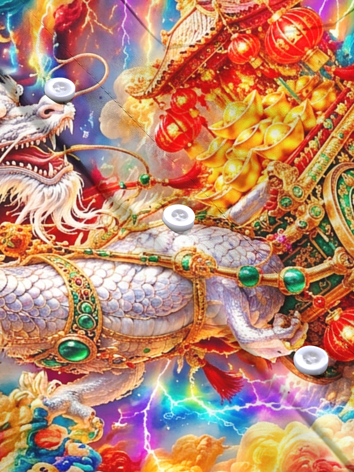 Adaychic Men's Long Sleeve Shirt - White Dragon And Golden Cart With Red Lanterns Print with Chest Pocket