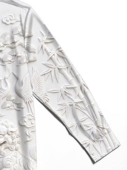 Adaychic Men's Graphic Stone Lion Print Crane Print Long Sleeve Shirt with Chest Pocket