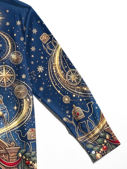 Adaychic Men's Three Wise Men And Christmas Ornaments Print Long Sleeve Shirt with Chest Pocket