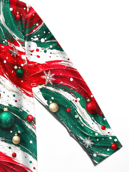 Adaychic Men's Long Sleeve Shirt - Abstract Swirls With Christmas Ornaments And Snowflakes Print with Chest Pocket