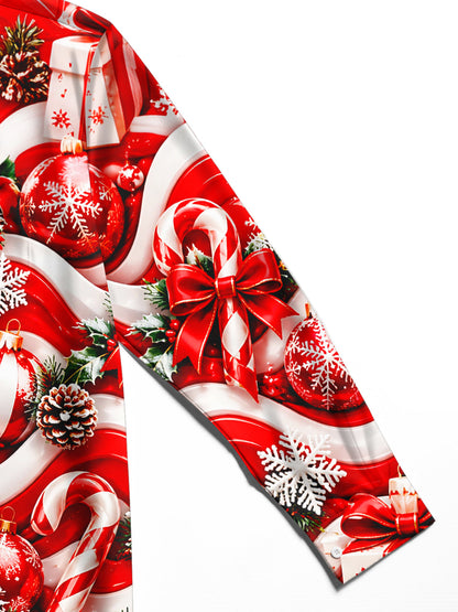 Adaychic Men's Printed Christmas Ornaments Print Long Sleeve Shirt with Chest Pocket