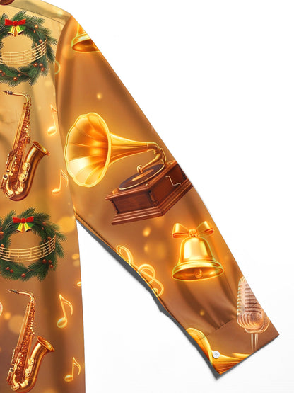 Adaychic Men's Christmas Wreath And Musical Instruments Print Long Sleeve Shirt with Chest Pocket