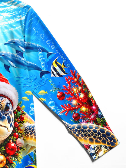 Adaychic Men's Long Sleeve Shirt - Sea Turtle Wearing Santa Hat And Christmas Wreath Print with Chest Pocket