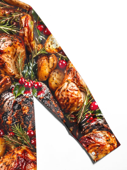 Adaychic Men's Long Sleeve Shirt - Christmas Roast Turkey And Cranberries With Rosemary Print with Chest Pocket