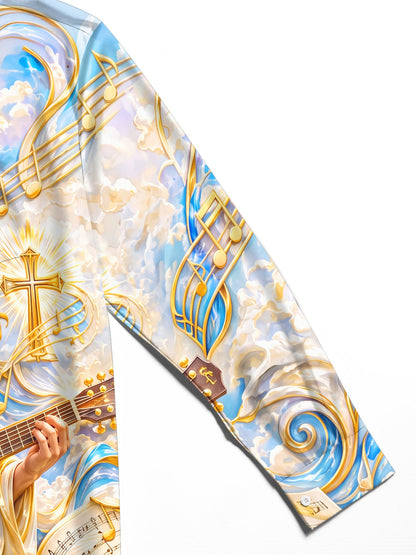 Adaychic Men's Graphic Saint Figure Playing Guitar Print Long Sleeve Shirt with Chest Pocket