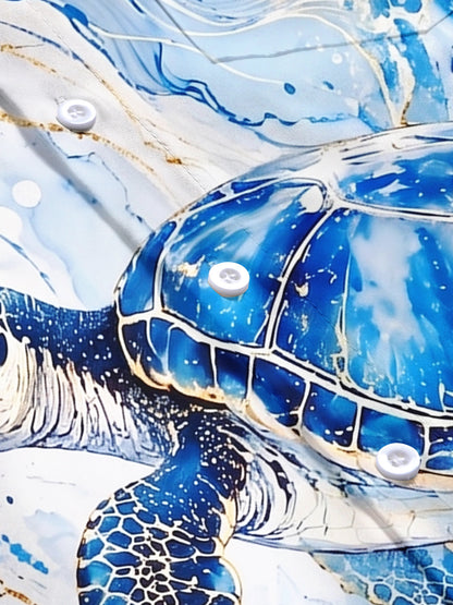 Adaychic Men's Graphic Blue Sea Turtle Wave Print Short Sleeve Button Down Shirt with Chest Pocket