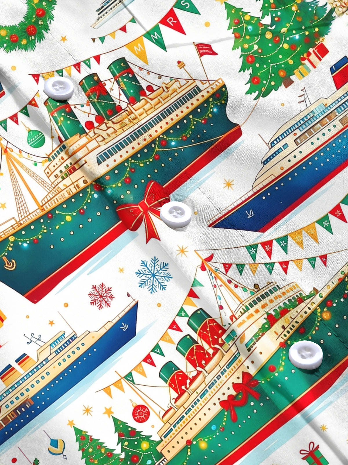 Adaychic Men's Long Sleeve Shirt - Christmas Cruise Ships And Holiday Ornaments Print with Chest Pocket