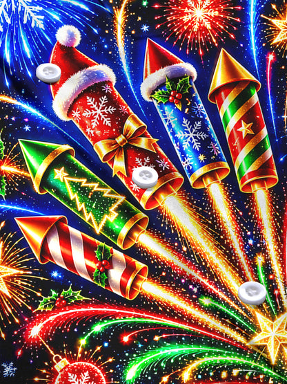 Adaychic Men's Long Sleeve Shirt - Christmas Fireworks Rockets And Ornaments Print with Chest Pocket