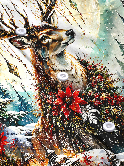 Adaychic Men's Graphic Christmas Elk Print Long Sleeve Shirt with Chest Pocket