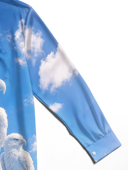 Adaychic Men's Printed White Eagle Birds Print Long Sleeve Shirt with Chest Pocket