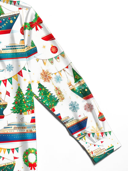 Adaychic Men's Long Sleeve Shirt - Christmas Cruise Ships And Holiday Ornaments Print with Chest Pocket