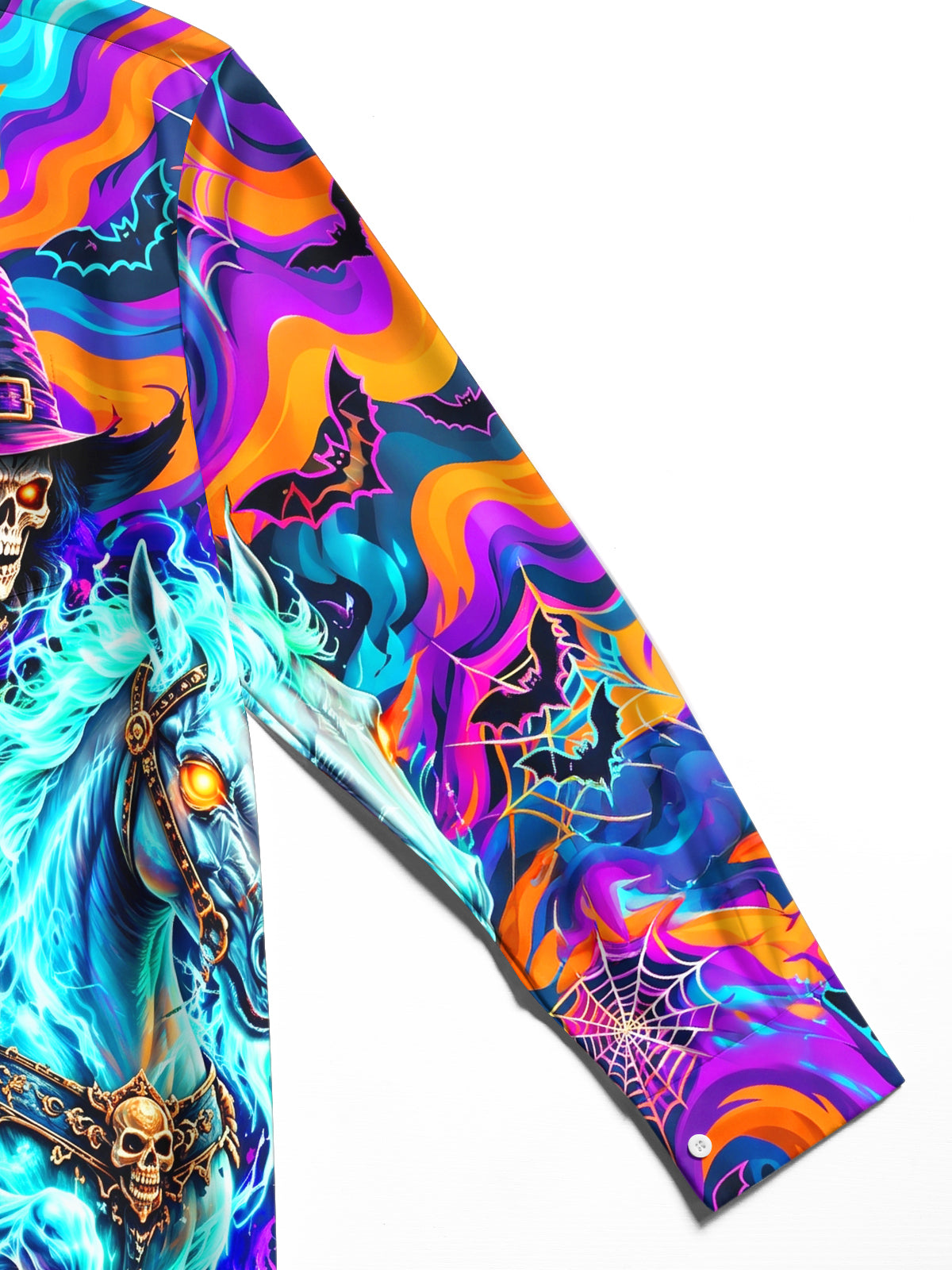 Adaychic Men's Halloween Skeleton Wizard On Ghost Horse Print Long Sleeve Shirt with Chest Pocket