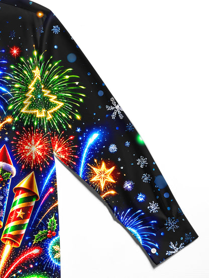 Adaychic Men's Long Sleeve Shirt - Christmas Fireworks Rockets And Ornaments Print with Chest Pocket