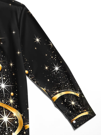 Adaychic Men's Printed Abstract Gold Ribbon Print Long Sleeve Shirt with Chest Pocket