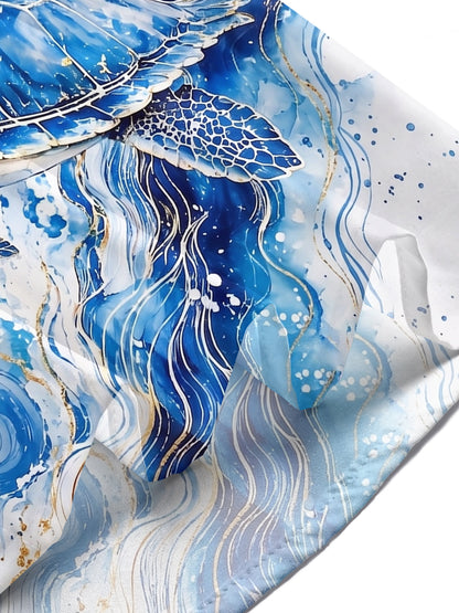 Adaychic Men's Graphic Blue Sea Turtle Wave Print Short Sleeve Button Down Shirt with Chest Pocket
