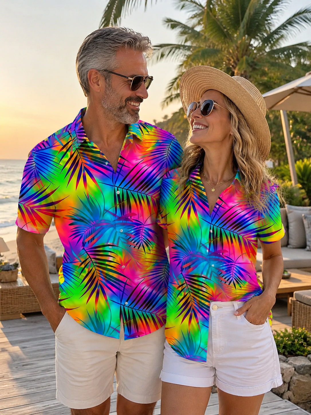 Adaychic Rainbow Tropical Palm Print Matching Couple Short Sleeve Button Down Shirts
