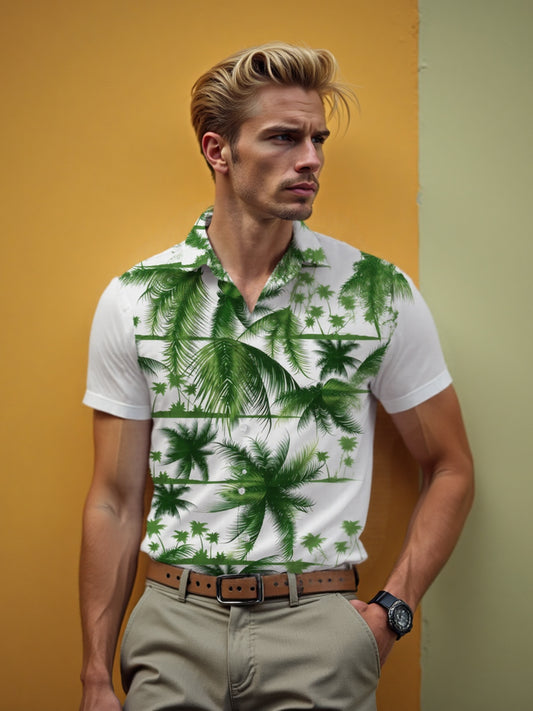 Hawaiian Palm Tree Print Men's Pocket Short Sleeve Shirts