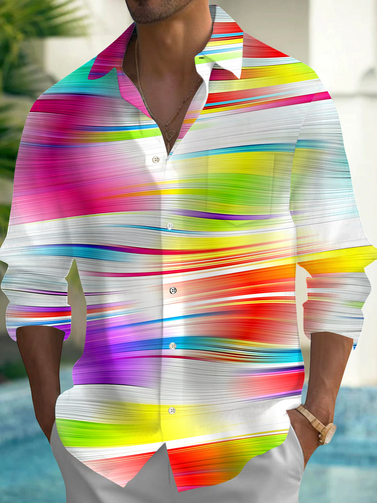 Adaychic Men's Striped Abstract Wavy Colorful Line Long Sleeve Button Down Shirt with Chest Pocket