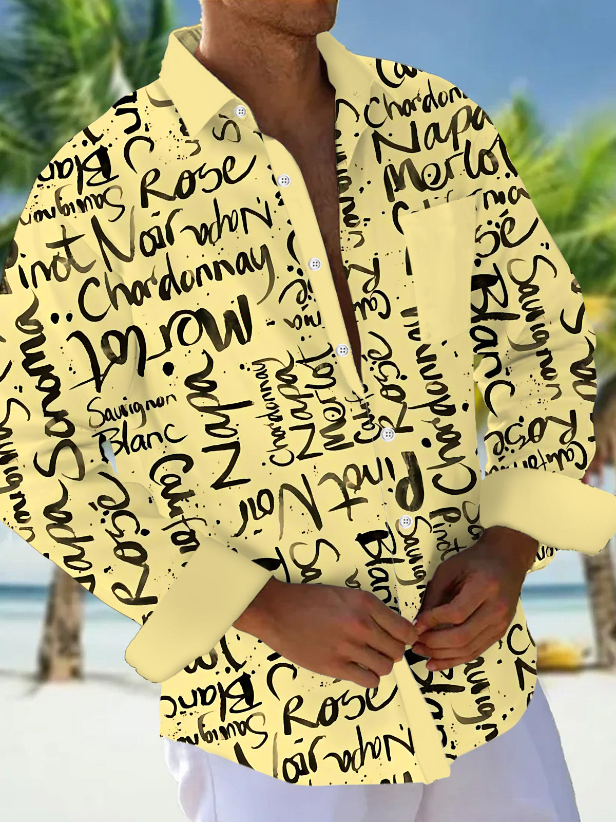 Adaychic Men's Graphic Wine Names Typography Print Long Sleeve Button Down Shirt with Chest Pocket