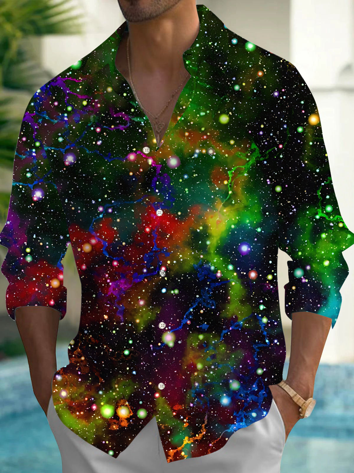 Adaychic Men's Graphic Abstract Colorful Galaxy Space Print Long Sleeve Button Down Shirt with Chest Pocket