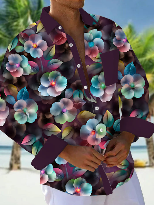 Adaychic Men's 3D Floral Pattern Print Long Sleeve Button Down Shirt with Chest Pocket