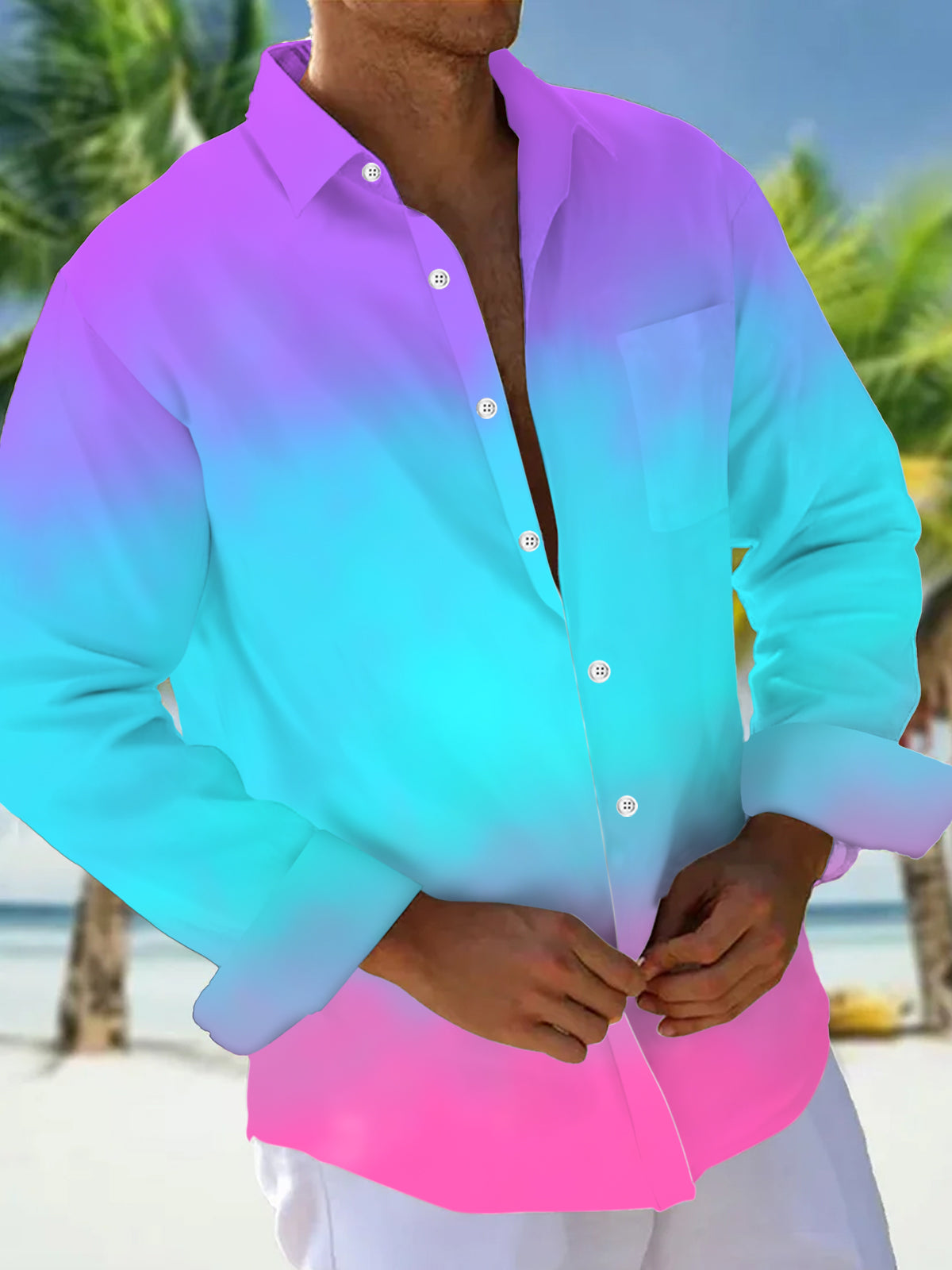 Adaychic Men's Abstract Gradient Colorblock Long Sleeve Button Down Shirt with Chest Pocket