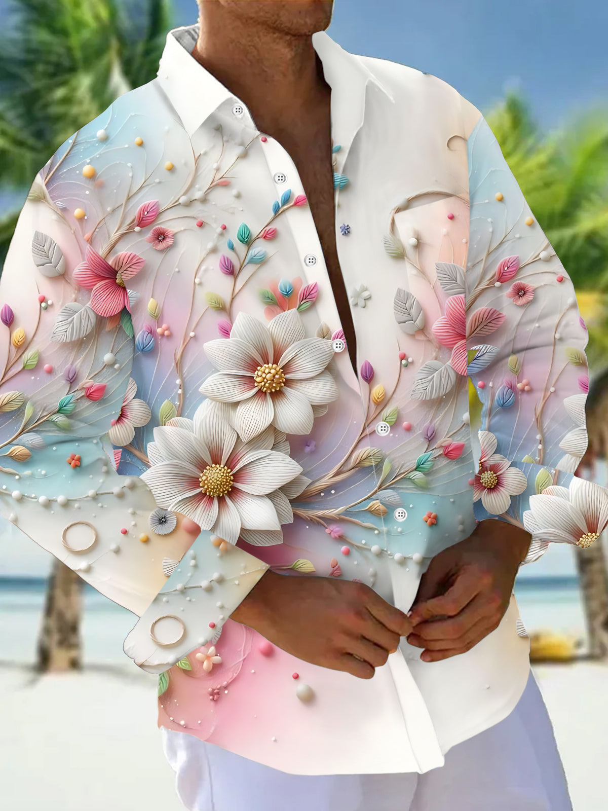 Adaychic Men's Graphic 3D Floral Bead Design Print Long Sleeve Button Down Shirt with Chest Pocket