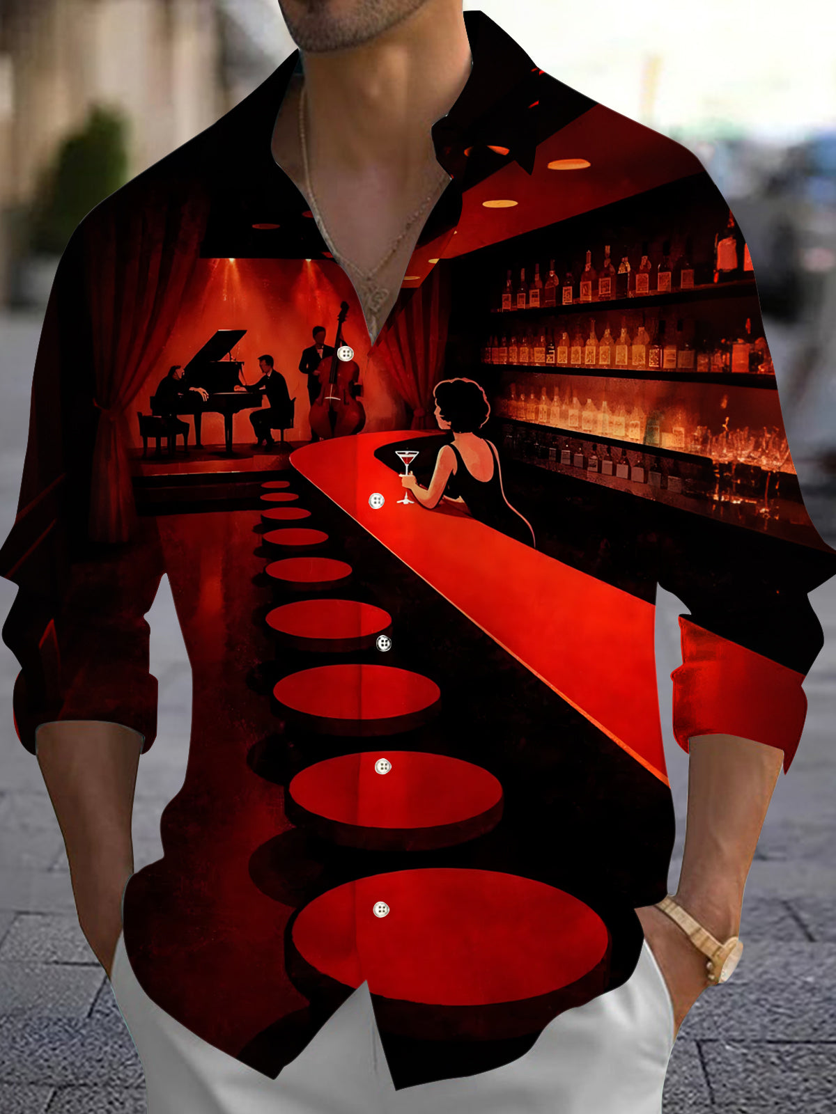 Adaychic Men's 3D Red Bar Scene Graphic Print Long Sleeve Button Down Shirt with Chest Pocket