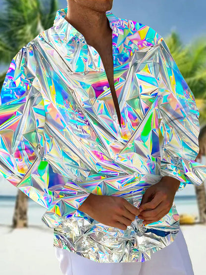 Adaychic Men's Graphic 3D Holographic Crinkled Foil Print Long Sleeve Button Down Shirt with Chest Pocket