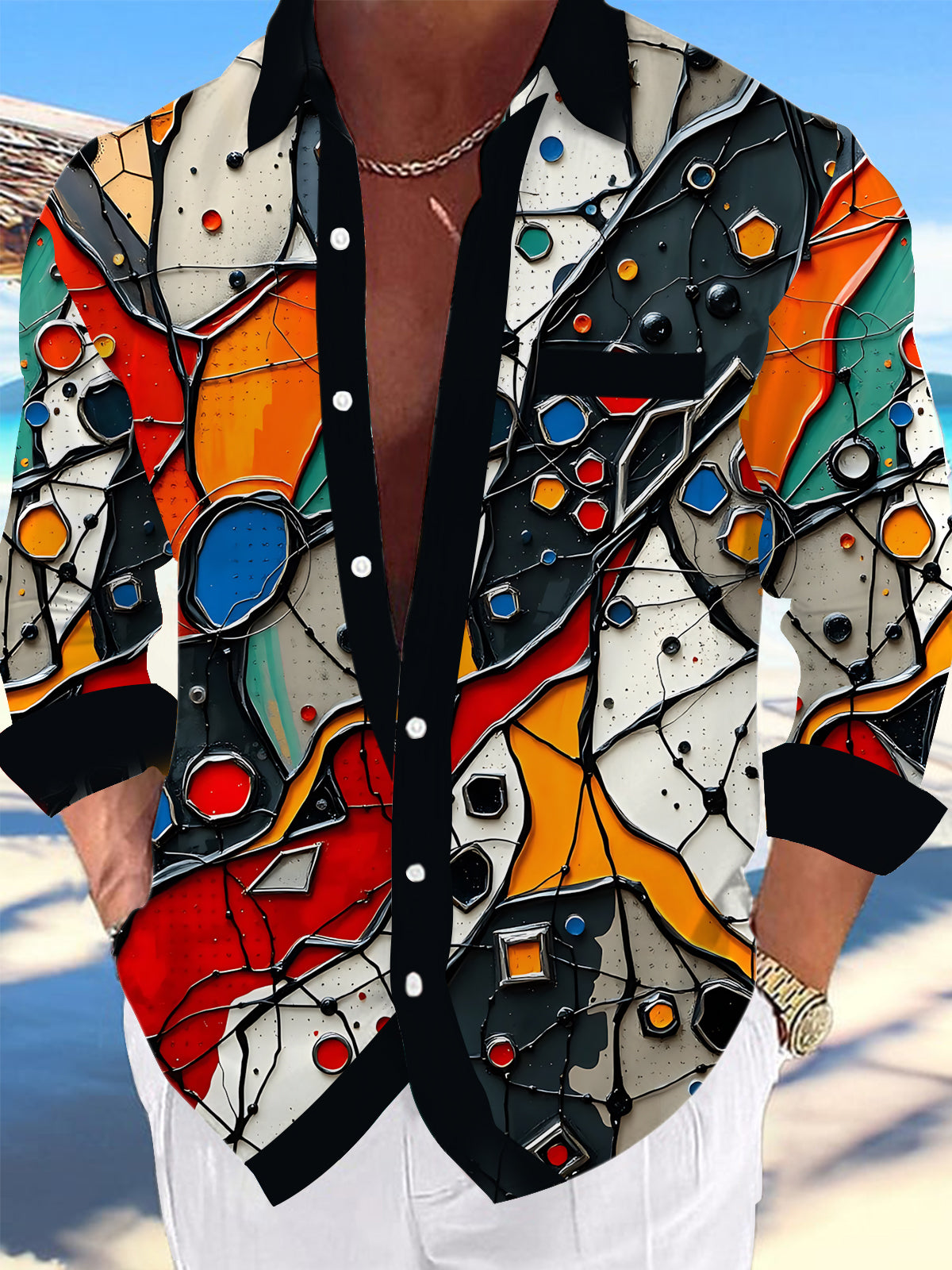 Adaychic Men's Graphic 3D Abstract Geometric Mosaic Print Long Sleeve Button Down Shirt with Chest Pocket