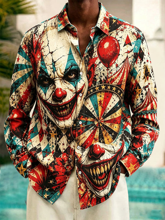 Adaychic Men's 3D Retro Scary Clown Circus Graphic Print Long Sleeve Button Down Shirt with Chest Pocket