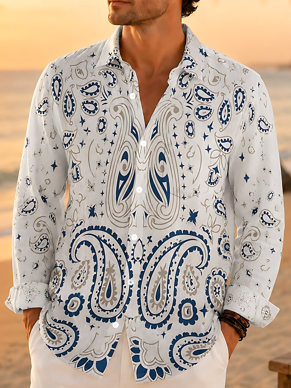 Adaychic Men's Blue Paisley Pattern Print Long Sleeve Button Down Shirt with Chest Pocket