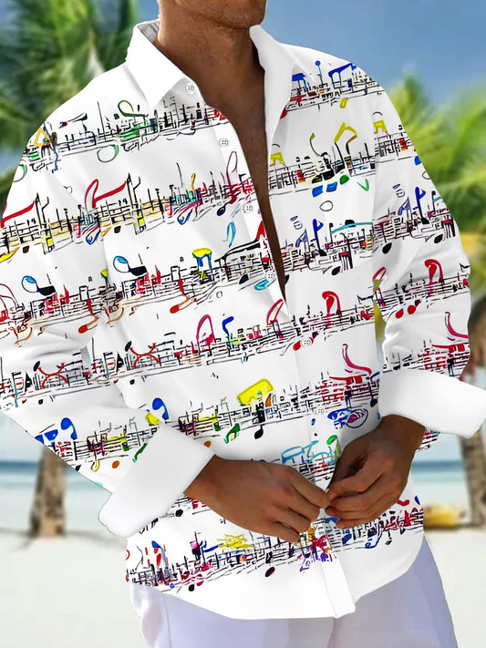 Adaychic Men's Graphic Colorful Musical Notes Print Long Sleeve Button Down Shirt with Chest Pocket