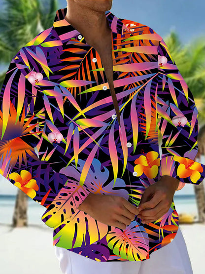 Adaychic Men's Neon Gradient Tropical Leaves Print Long Sleeve Shirt with Chest Pocket