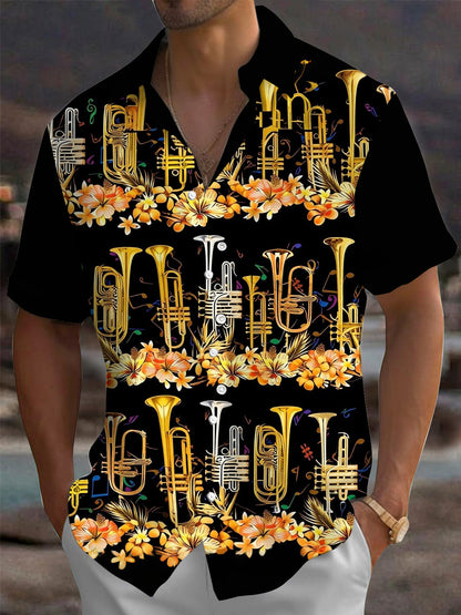 Adaychic Men's Hawaiian Brass Instruments Print Short Sleeve Shirt with Chest Pocket