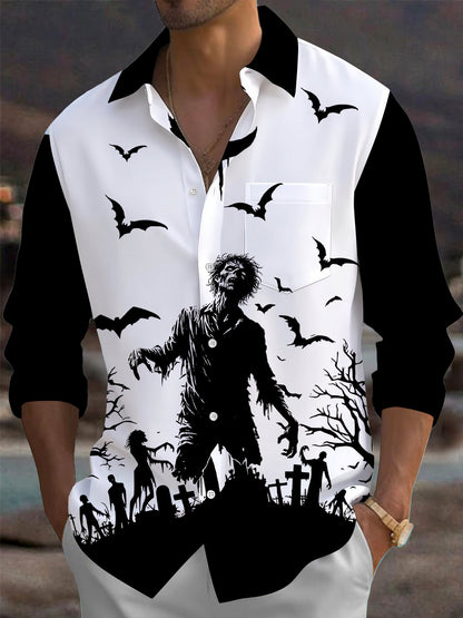 Adaychic Men's Graphic Halloween Print Long Sleeve Shirt with Chest Pocket