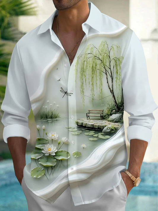 Adaychic Men's Printed Lotus Pond Landscape Print Long Sleeve Shirt with Chest Pocket
